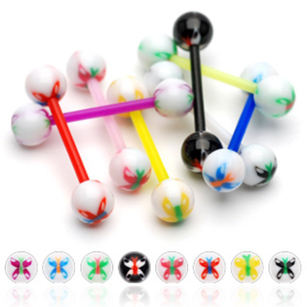 Piercing do jazyka žlutá/zelená 1,6x16x6mm