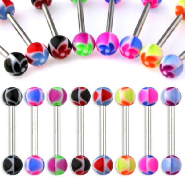 Piercing do jazyka zelená/oranžová 1,6x16x6mm