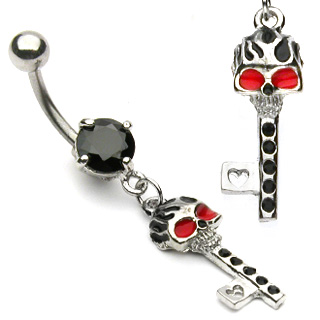 Piercing do pupíku černá lebka klíč